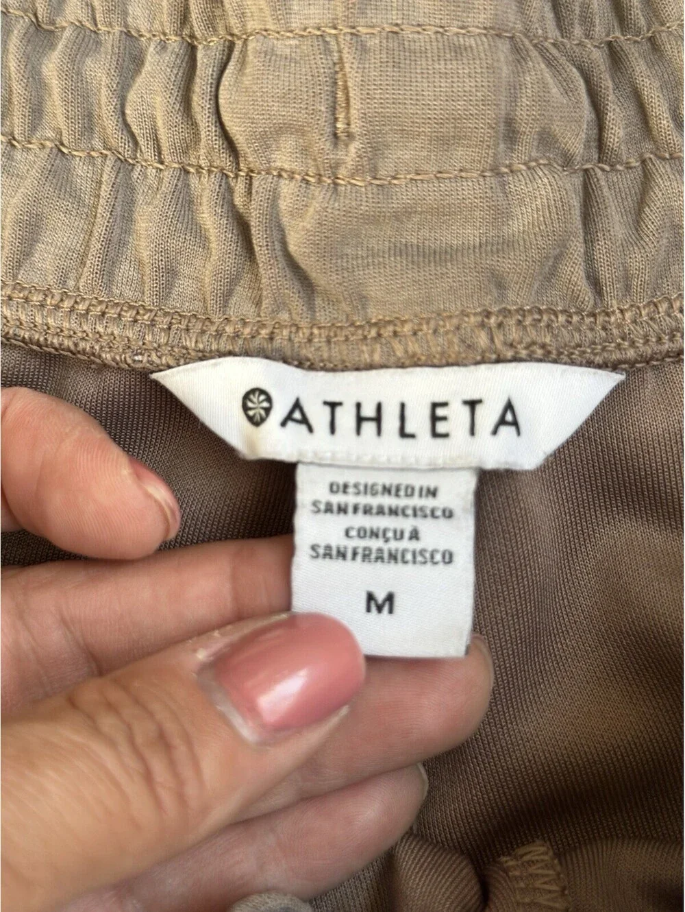ATHLETA Seasoft Shorts Medium Tan Mid Rise Semi-Fitted Suede-Soft